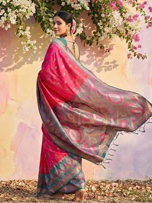 Pink color soft silk blend zari woven women's indian saree 3