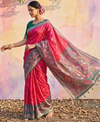 Pink color soft silk blend zari woven women's indian saree 4