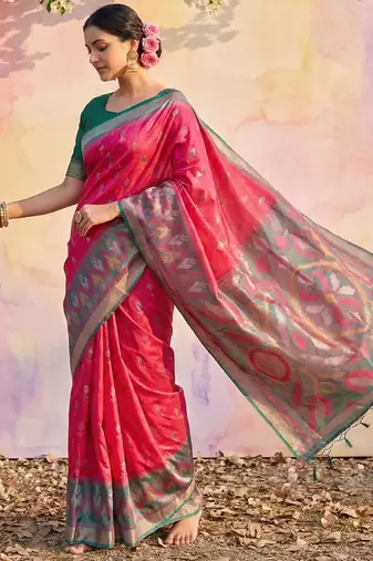 Pink color soft silk blend zari woven women's indian saree