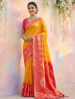 Yellow color soft silk blend zari woven women's indian saree 1