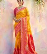 Yellow color soft silk zari woven women's indian saree