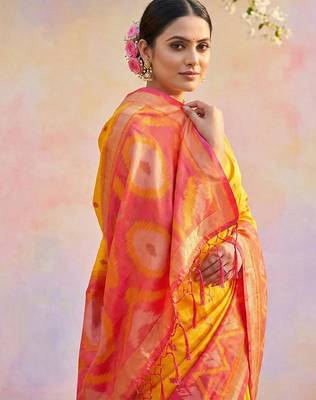Yellow color soft silk blend zari woven women's indian saree 2