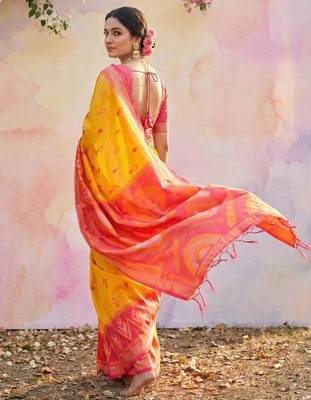 Yellow color soft silk blend zari woven women's indian saree 3