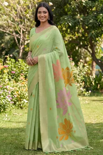 Green color print & zari woven work linen cotton saree with blouse