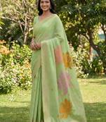 Green color print & zari woven work linen cotton saree with blouse