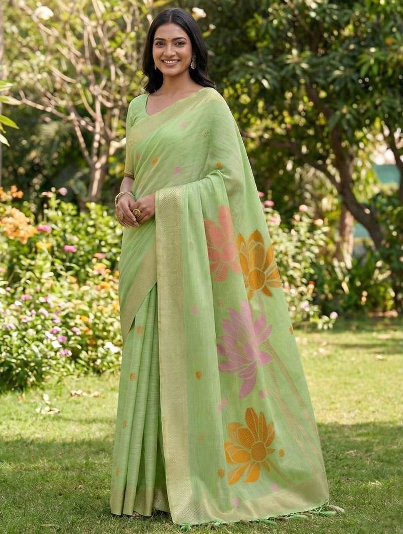 Green color print & zari woven work linen cotton saree with blouse