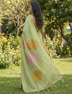 Green print & zari woven work linen cotton saree with blouse 2