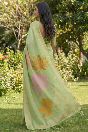 Green color print & zari woven work linen cotton saree with blouse