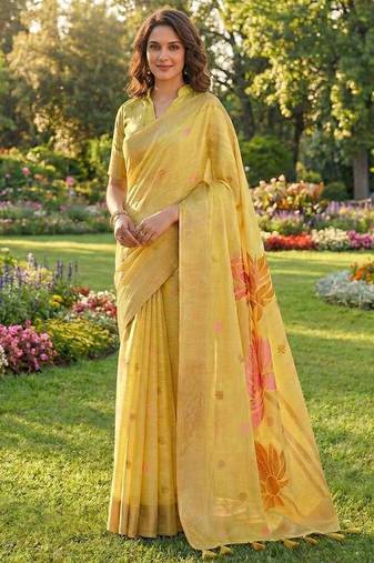 Yellow color print & zari woven work linen cotton saree with blouse