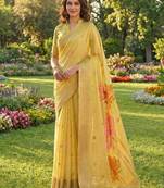Yellow color print & zari woven work linen cotton saree with blouse