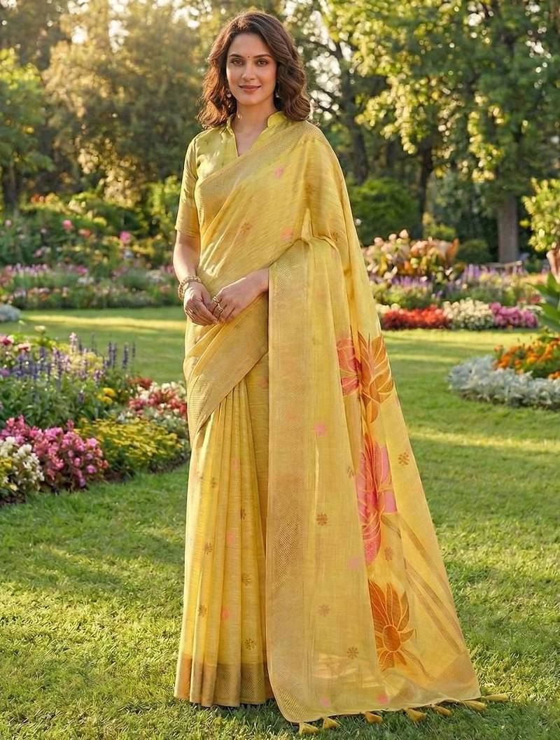 Yellow color print & zari woven work linen cotton saree with blouse