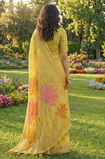 Yellow color print & zari woven work linen cotton saree with blouse