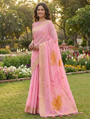 Pink color print & zari woven work linen cotton saree with blouse 1