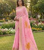 Pink color print & zari woven work linen cotton saree with blouse