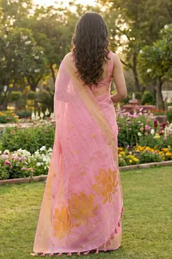 Pink color print & zari woven work linen cotton saree with blouse