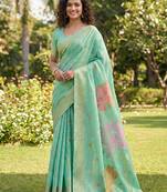 Sea green color print & zari woven work linen cotton saree with blouse