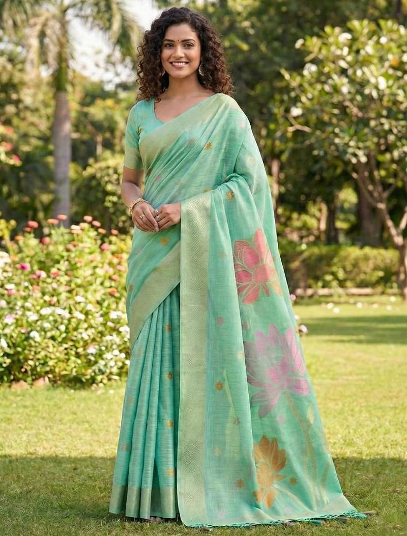 Sea green color print & zari woven work linen cotton saree with blouse