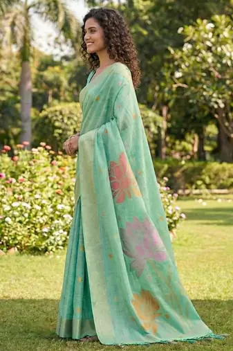 Sea green color print & zari woven work linen cotton saree with blouse