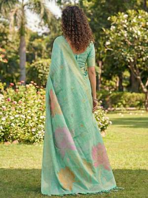 Sea green color print & zari woven work linen cotton saree with blouse 3