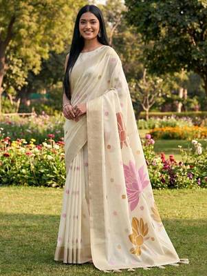 White color print & zari woven work linen cotton saree with blouse 1