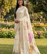 White color print & zari woven work linen cotton saree with blouse