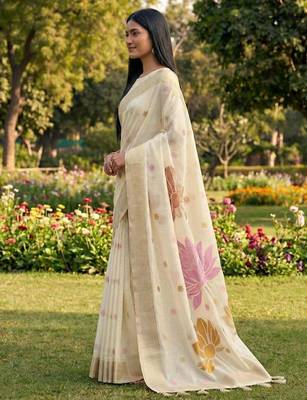 White color print & zari woven work linen cotton saree with blouse 3
