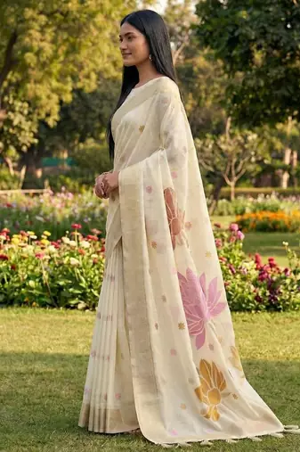 White color print & zari woven work linen cotton saree with blouse