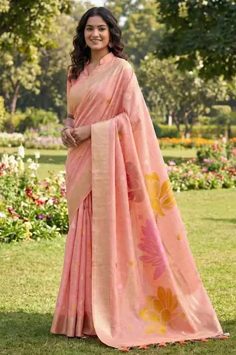Peach color print & zari woven work linen cotton saree with blouse