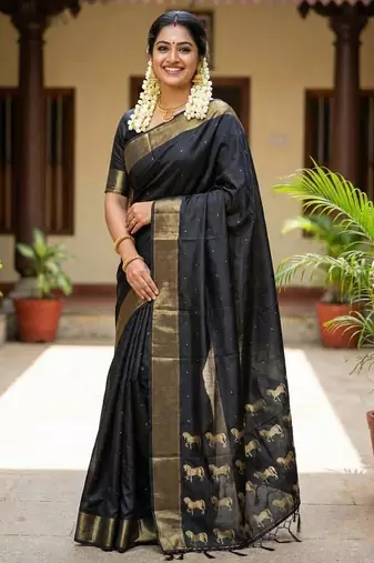 Black color print & zariw woven work soft silk saree with blouse