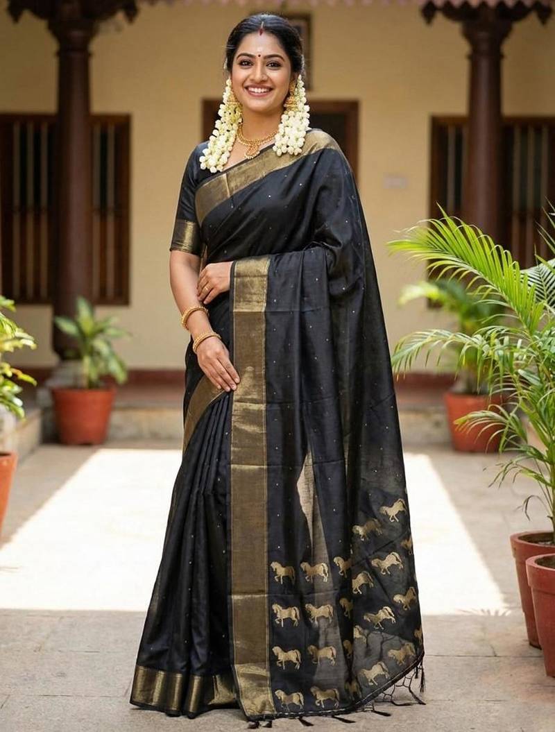 Black color print & zariw woven work soft silk saree with blouse