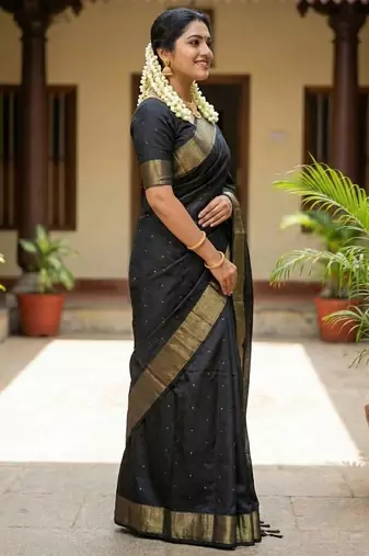 Black color print & zariw woven work soft silk blend saree with blouse