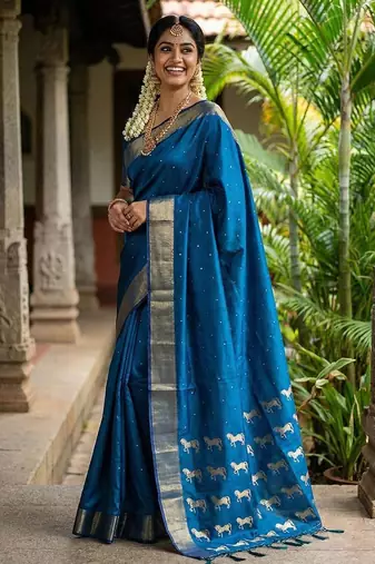 Royal blue color print & zariw woven work soft silk saree with blouse