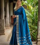 Royal blue color print & zariw woven work soft silk saree with blouse