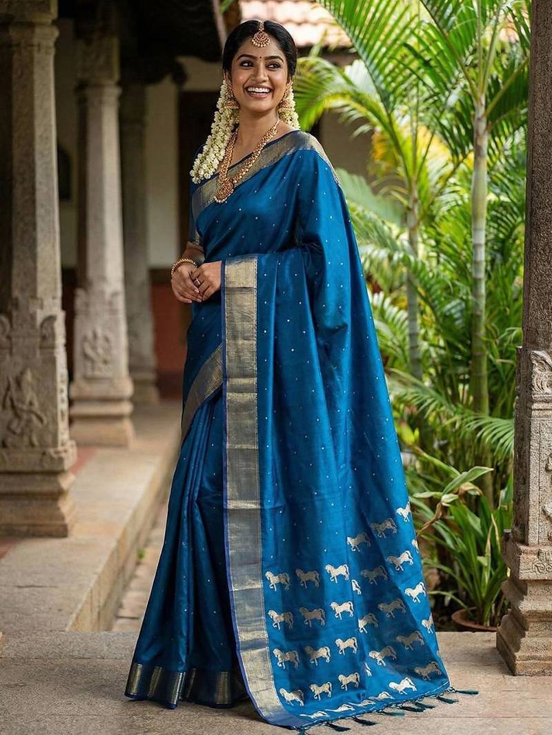 Royal blue color print & zariw woven work soft silk saree with blouse