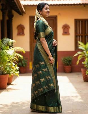 Bottle green  color print & zariw woven work soft silk blend saree with blouse 2