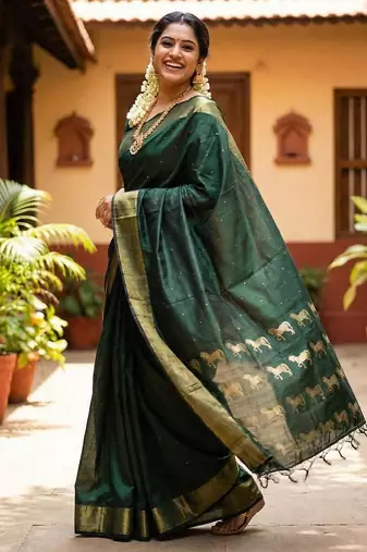 Bottle green  color print & zariw woven work soft silk blend saree with blouse
