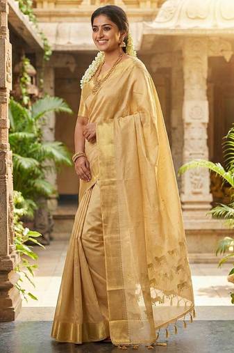 Beige  color print & zariw woven work soft silk saree with blouse