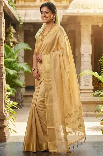 Beige  color print & zariw woven work soft silk saree with blouse