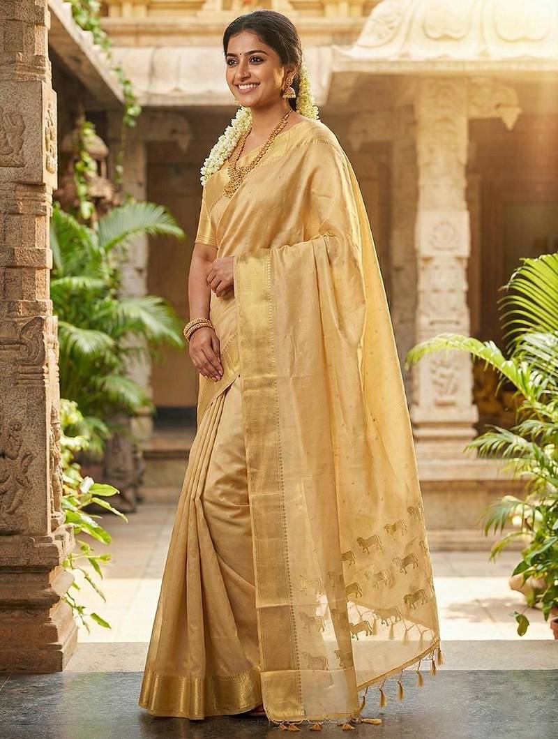 Beige  color print & zariw woven work soft silk saree with blouse