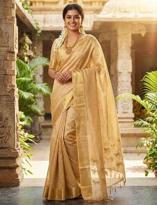 Beige  color print & zariw woven work soft silk blend saree with blouse 2
