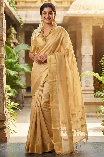 Beige  color print & zariw woven work soft silk blend saree with blouse