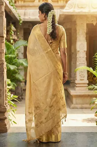 Beige  color print & zariw woven work soft silk blend saree with blouse