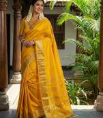 Gold  color print & zariw woven work soft silk saree with blouse