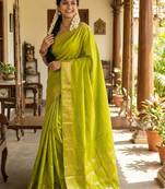 Parrot green  color print & zariw woven work soft silk saree with blouse