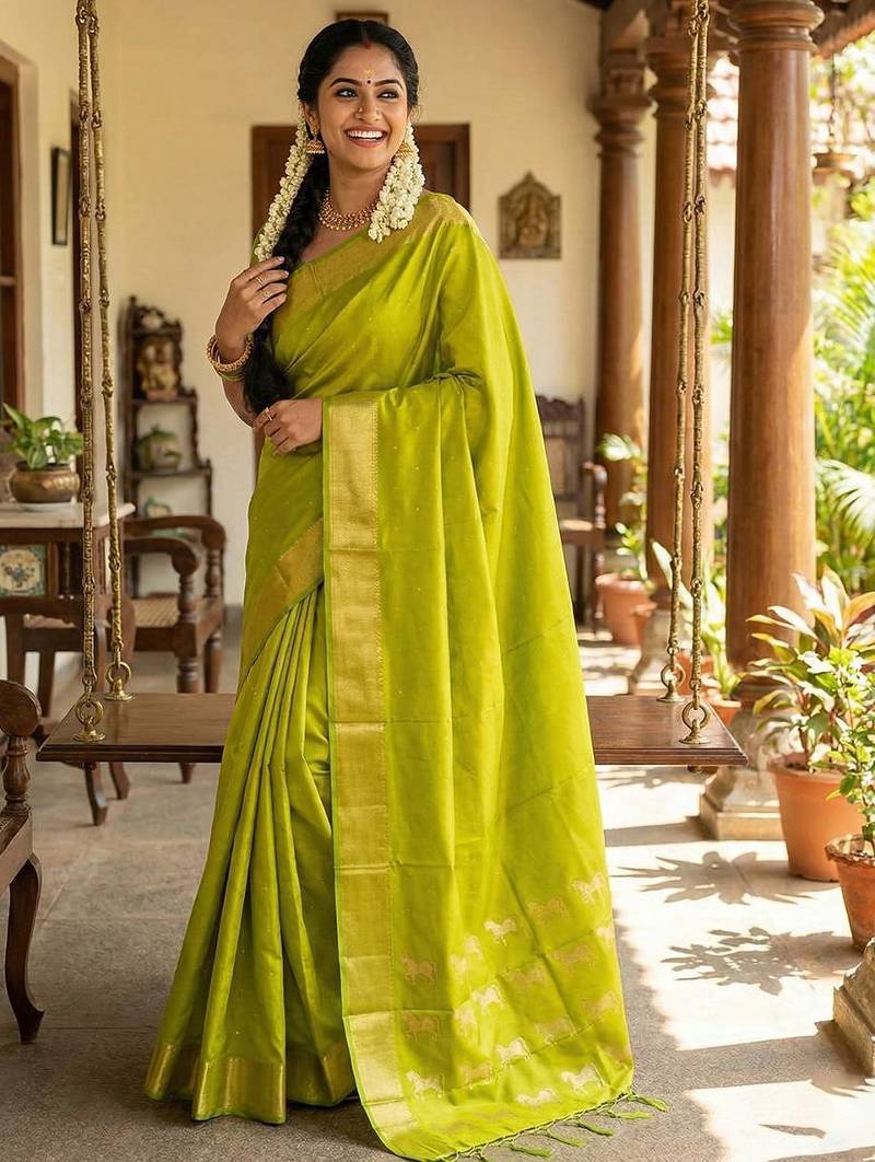 Parrot green  color print & zariw woven work soft silk saree with blouse