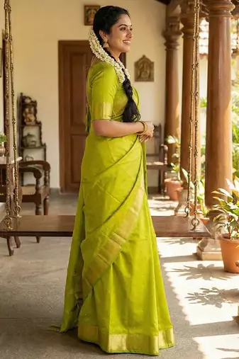Parrot green  color print & zariw woven work soft silk blend saree with blouse
