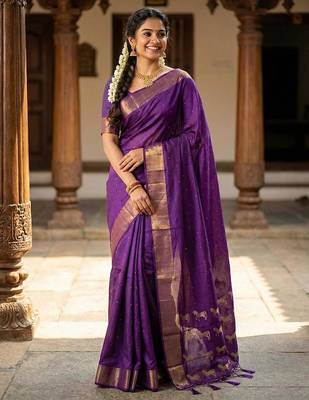 Violet  color print & zariw woven work soft silk blend saree with blouse 1