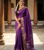 Violet  color print & zariw woven work soft silk saree with blouse