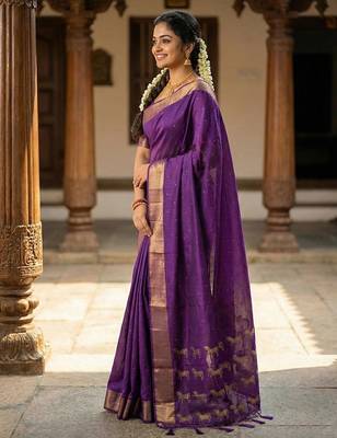 Violet  color print & zariw woven work soft silk blend saree with blouse 2