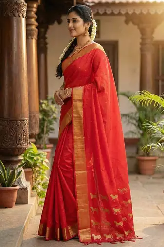 Red  color print & zariw woven work soft silk blend saree with blouse